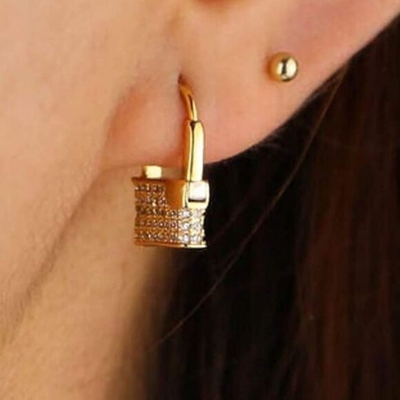 Gold CZ Padlock Hoop Earrings Unique Huggies - Picture 2 of 6